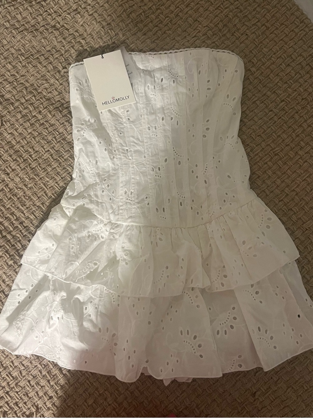 White Strapless Eyelet Ruffle Dress